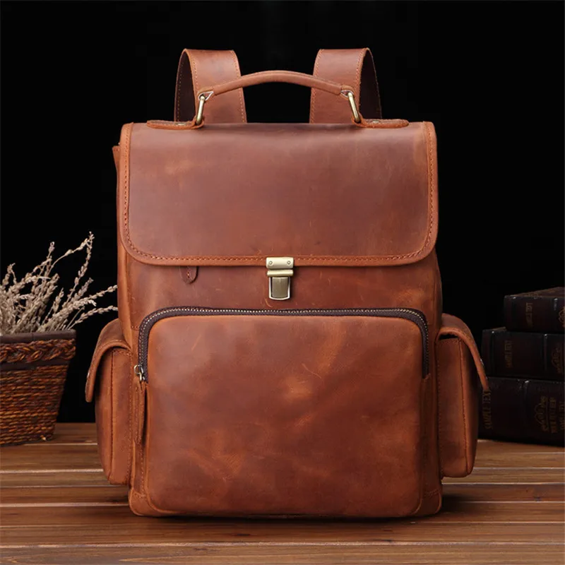 PNDME simple retro crazy horse cowhide men's backpacks high quality genuine leather anti theft bagpack travel laptop bookbags