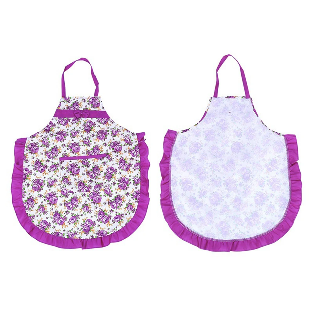 Women Bib Floral Print Bowknot Kitchen Restaurant Cooking Pocket Dress Apron Polyester Peach Skin Floral Print Bowknot Pocket