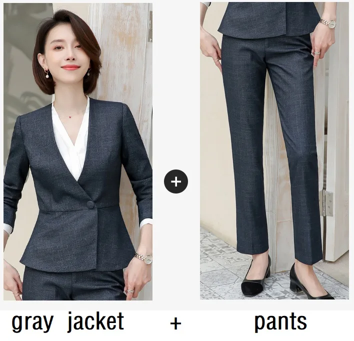 gray jacket pants Женские костюмы, приталенный весенний пиджак с длинным рукавом и штаны, комплект из 2 предметов, деловой женский брючный костюм, женский комплект, костюмы 6969 - Color: gray jacket pants