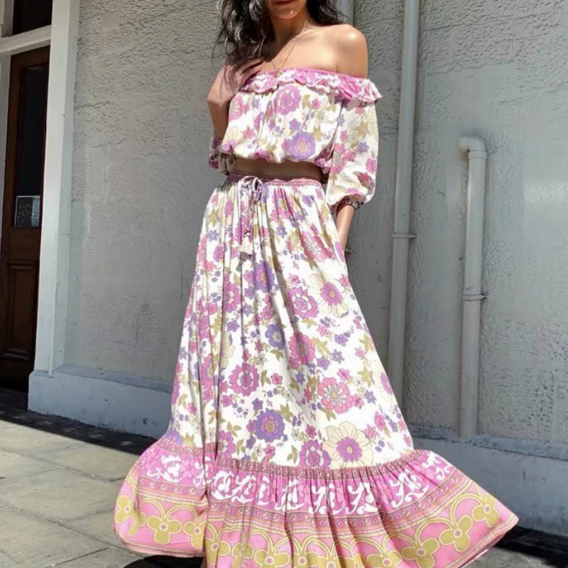 Boho chic Женская розовая Цветочная печатная богемная кружевная вискозная блузка Рубашки женские с открытыми плечами Топы с длинным рукавом рубашки blusa