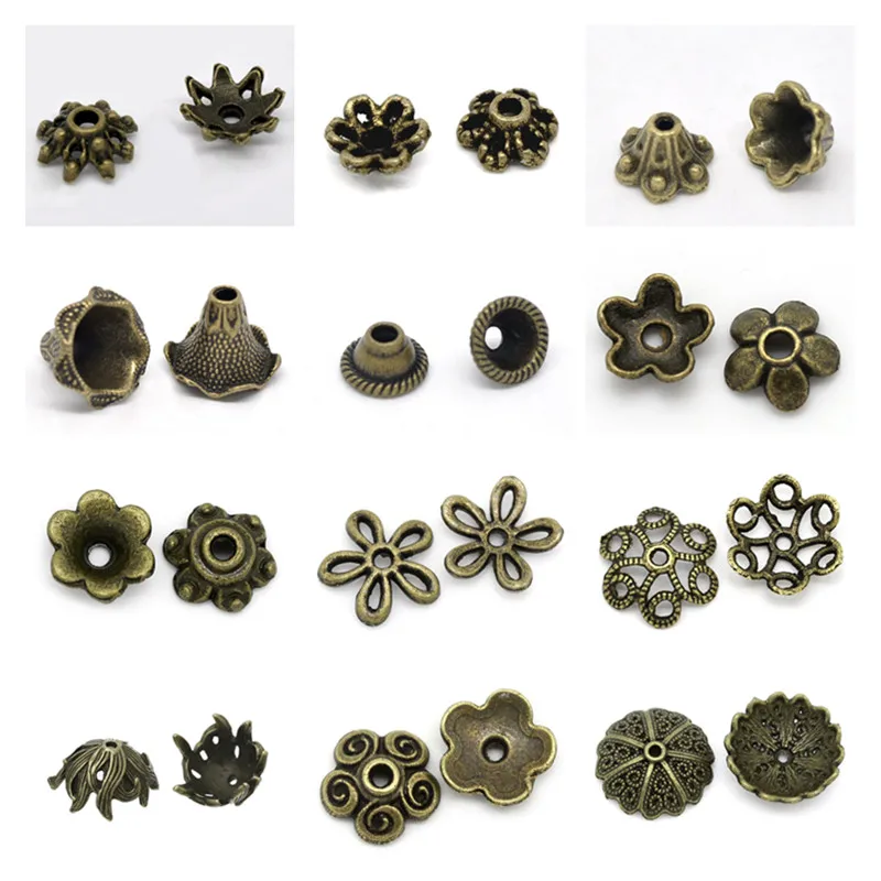 8Seasons Zinc Based Alloy Filigree Beads Caps Flower Antique Bronze Dot Pattern Hollow DIY Making Jewelry Findings,30-300PCs