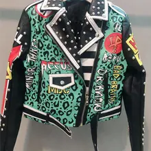 Осенняя куртка из искусственной кожи в стиле панк с граффити на молнии с заклепками; женская зеленая Осенняя байкерская куртка в стиле рок; байкерские куртки; женская короткая куртка из искусственной кожи