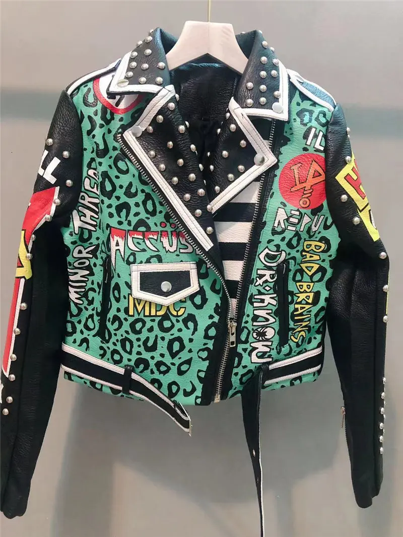 Queda do Punk Jaqueta de Couro para Mulheres Cabolsa do Plutônio Graffiti Zíper Rebite Falso Verde Outono Rock Colheita Motocicleta Motociclista Jaquetas Senhoras Curto