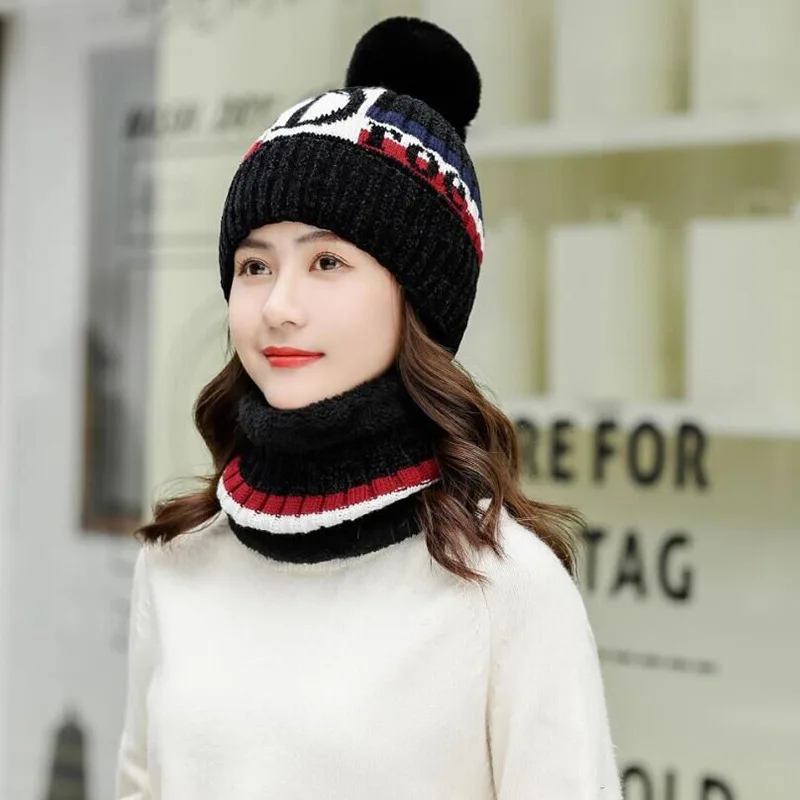 Новая брендовая новая зимняя шапка женская теплая шапка Skullies Beanie шапки Леди буква из флиса вязаная шляпа нагрудник женские наборы для езды на велосипеде 2 шерстяные шапки