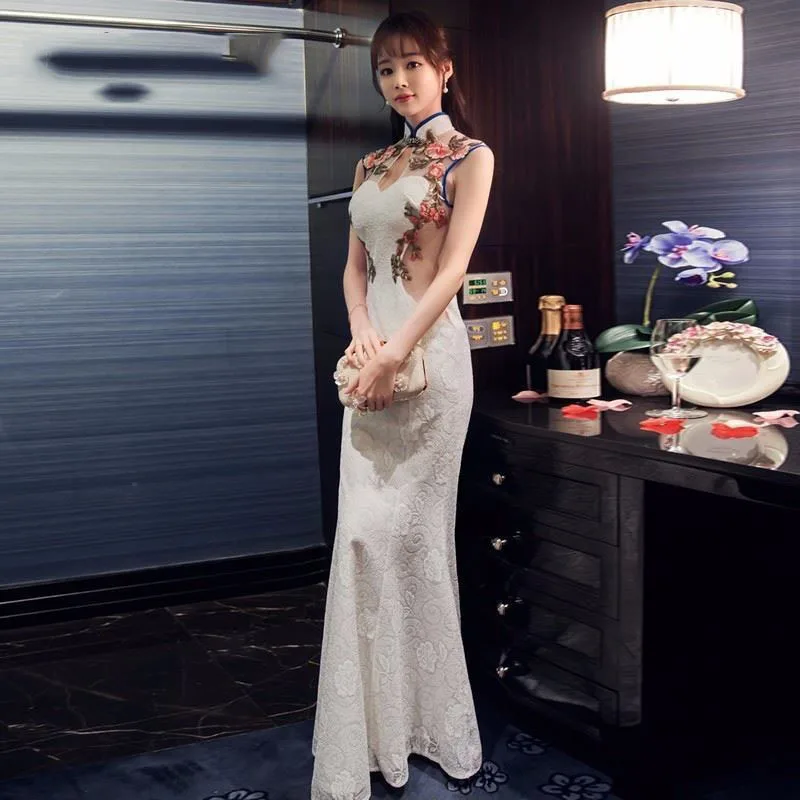 Элегантное Белое Женское свадебное платье Русалка Qipao, Сексуальное Тонкое кружевное платье для выпускного вечера, вечернее платье без рукавов vestidos
