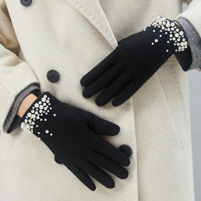 Female Luxury Wool Warm Full Finger Pearl Gloves Winter Touch Screen Mittens Women Rabbit Cashmere Thicken Driving Gloves H58 2