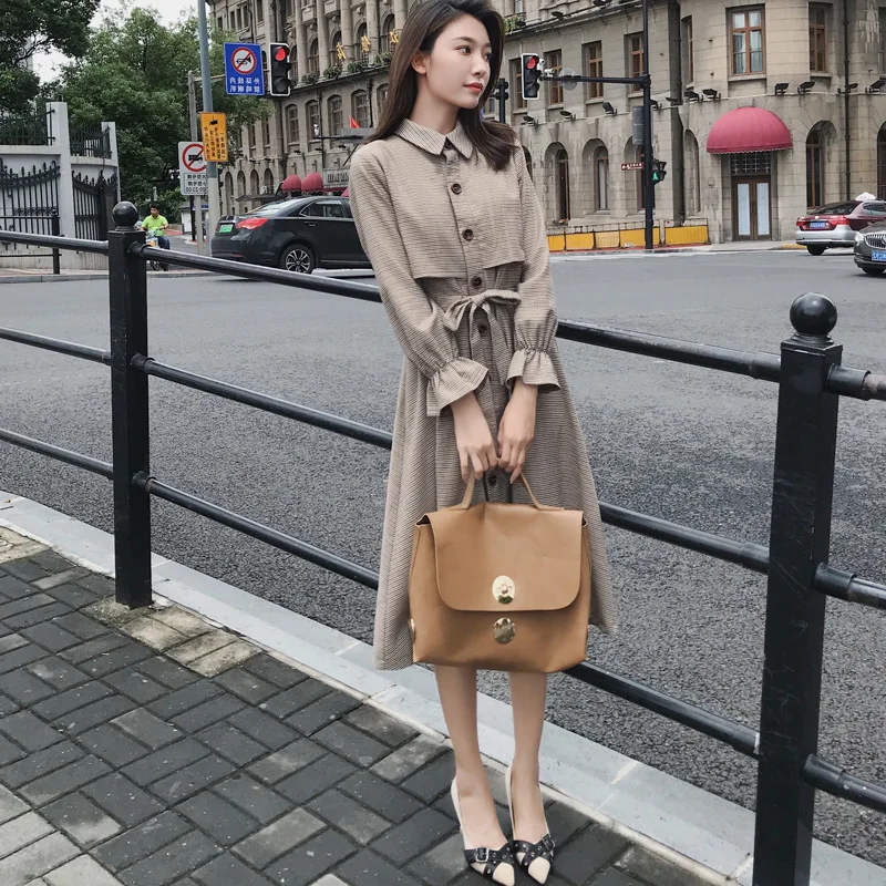 

2019 Early Autumn New Style WOMEN'S Dress Long Sleeve Spring And Autumn Women's Mid-length over-the-Knee England Elegant Western