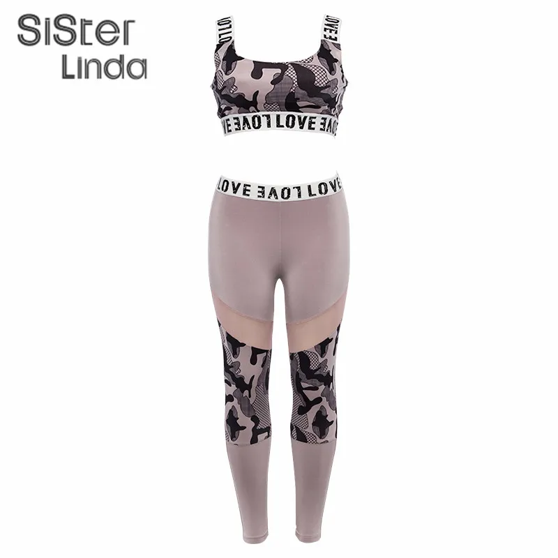Sisterlinda, модный эластичный спортивный костюм, набор, для женщин, сексуальный, обрезанный Топ, высокая талия, леггинсы, брюки, Mujer, 2 шт, камуфляж, женские наборы