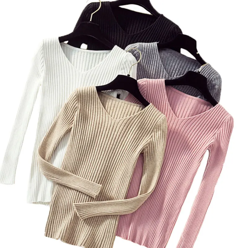 

Pink Knitted Sweater Women 2020 V-Neck Sweater Women Fall Fashion Clothes High Elastic Korean Female Pullover Pull Femme