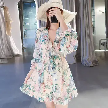 

Vacation Boho Beach Playsuits 2020 Women Summer Elegant Ruffles Long Sleeve Flower Print Loose Chiffon Jumpsuits