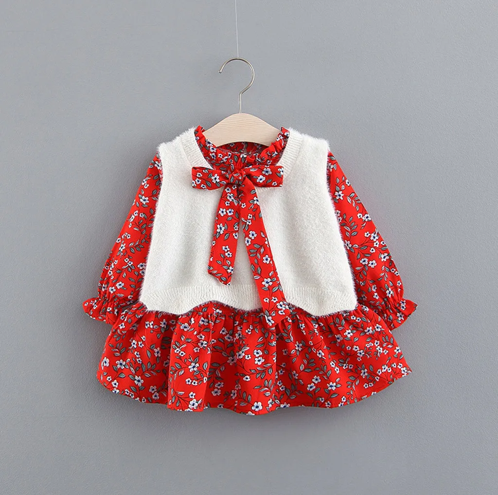 Winter Fashion Baby Girl Dress Long Sleeve Plaid Dot Print Splice Bow Princess Dress Clothes vestido bebe فساتين اطفال Z4