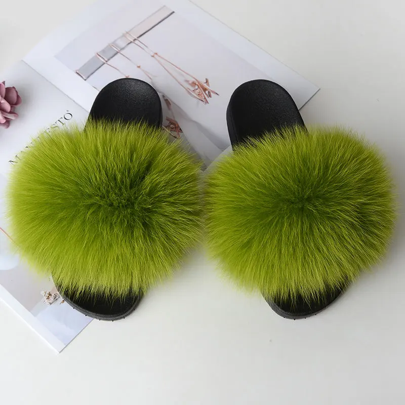 Grass green Лидер продаж; женские меховые тапочки; Шлепанцы из натурального Лисьего меха; Пушистый мех; женские домашние тапочки; милый пушистый плюш - Цвет: Grass green