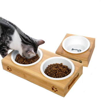 

Wholesale Pet Feeder Bowl Bamboo Tableware Ceramic and Stainless Steel Three Style Dog and Cat Bowl Antiskid Pet Supplies