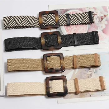 

Vintage Boho Braided Waist Belt Summer Solid Female Belt Round Wooden Smooth Buckle Fake Straw Wide Belts For Women
