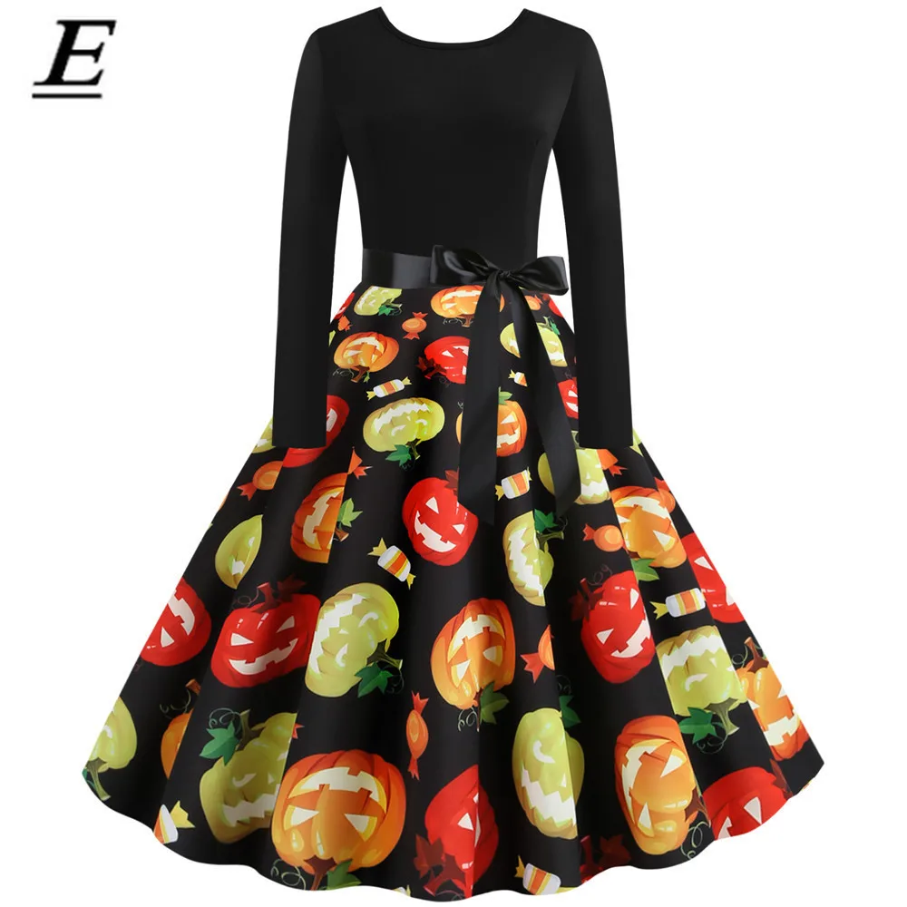 

2019 Halloween Vintage Dress Women Pumpkin Print Patchwork Midi Autumn Winter Dresses Long Sleeve Elegant Party Dress Plus Size