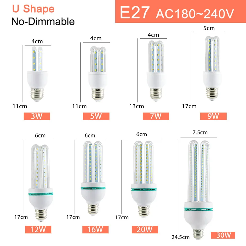 Светодиодный светильник E27 E14, светодиодный светильник 20 Вт, 16 Вт, 12 Вт, 9 Вт, 7 Вт, 5 Вт, 3 Вт, лампа переменного тока, 220 В, 240 в, светодиодный светильник, алюминиевая настольная лампа, светильник - Испускаемый цвет: E27 U Shape