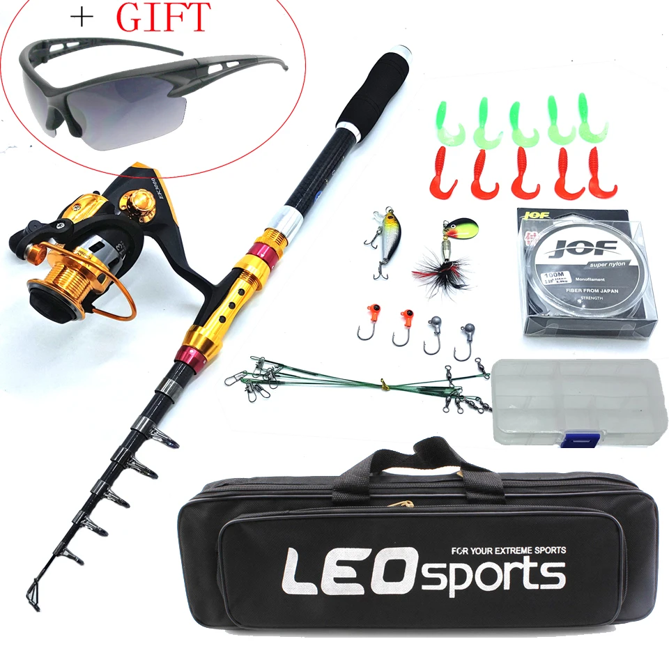 

portable travel rod with spinning reel set telescopic fishing rod combo with lure set box hooks 100m line in big boat rock pole