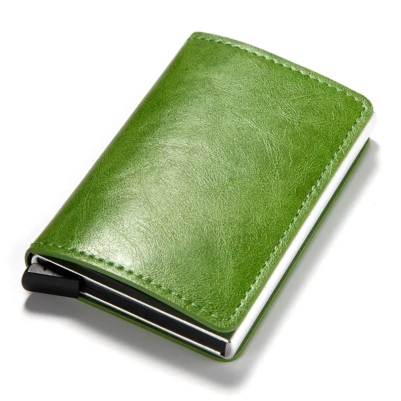 RFID Блокировка модный автоматический кожаный держатель для кредитных карт для мужчин Алюминиевый металлический бизнес ID многофункциональный держатель для карт мини кошелек - Цвет: green