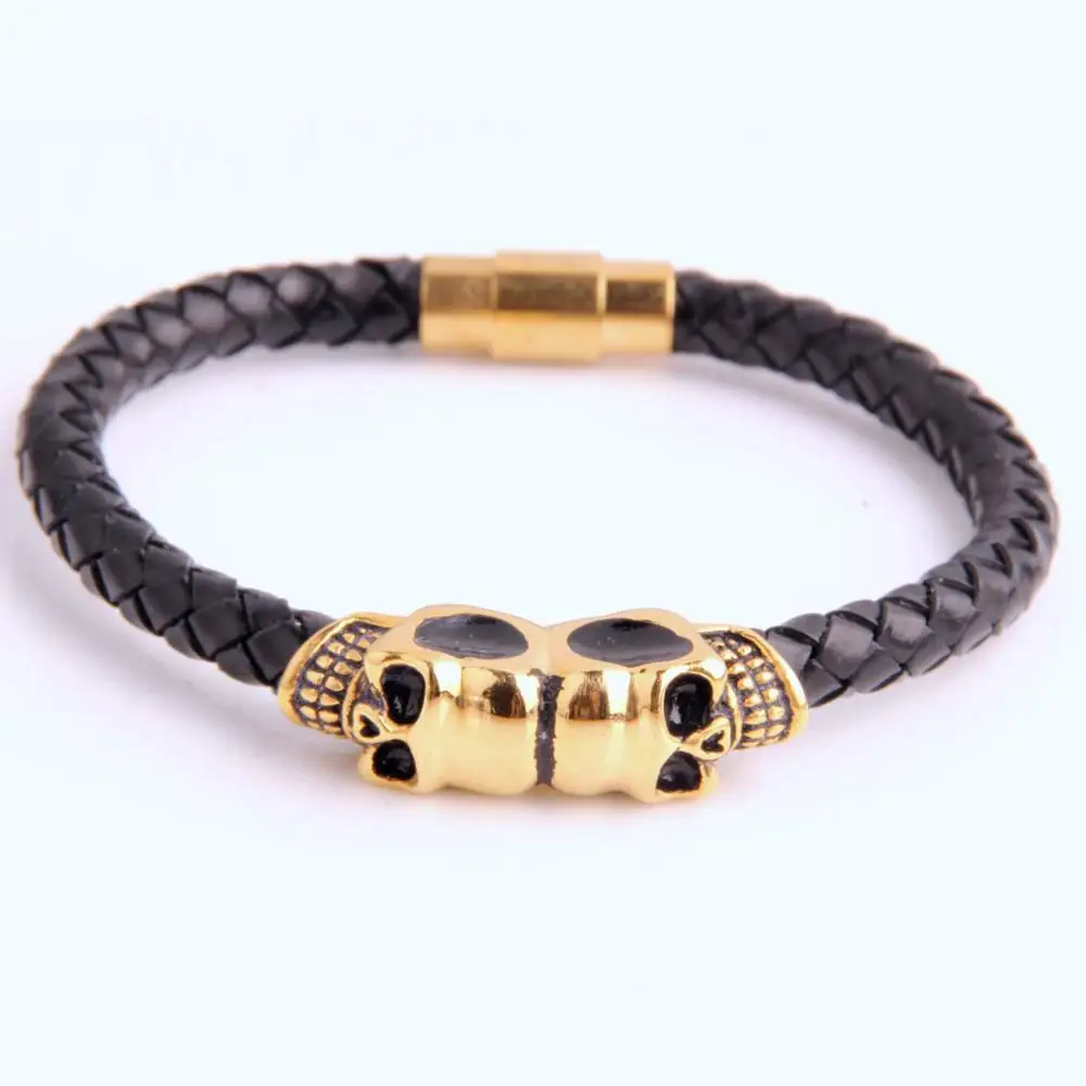 Fashion Leather Bracelet Stainless Steel Gold Skull Bangle For Men