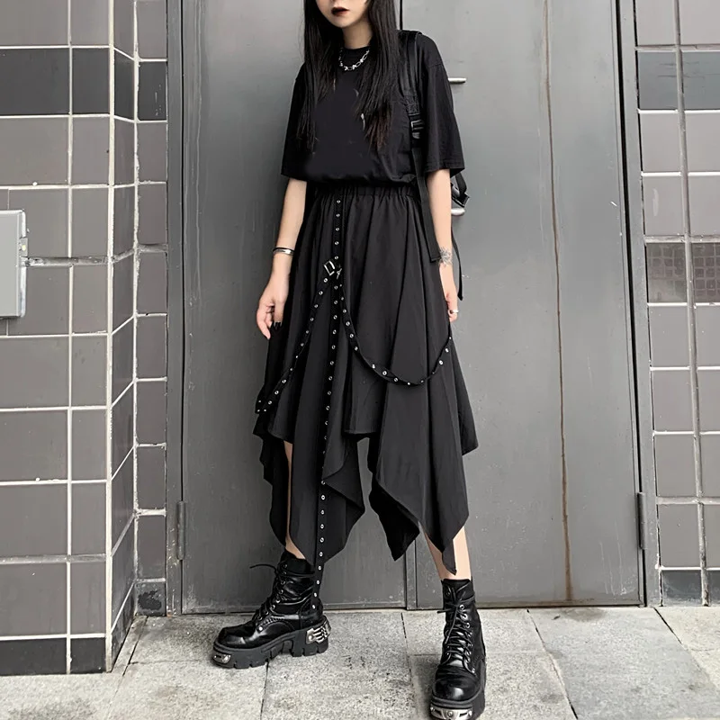 Пружинные ленты Harajuku панк стиль юбки для женщин высокая талия сплайсинга нерегулярные Готический юбка мода до середины икры уличная одежда
