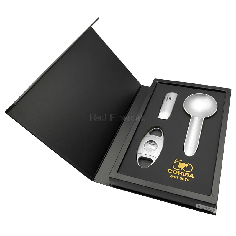 Cohiba 50th Classic anniversary Ограниченная серия Золотой супер острый резак для сигар ветрозащитная Зажигалка пепельница Портативный подарочный набор - Цвет: Silver