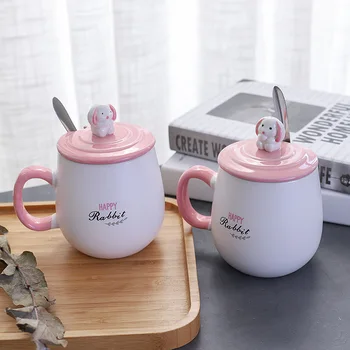 

3D Three-dimensional Relief Mug Creative Ceramics Belly with Lid Spoon Coffee Cup Milk Cute Rabbit Ceramic Cup Girl Gift