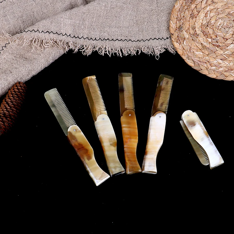 1Pc Foldable Yak Horn Comb Hairdressing Moustache Beard Styling Tool Pocket Clip Portable Comb Hair Care Tools Random