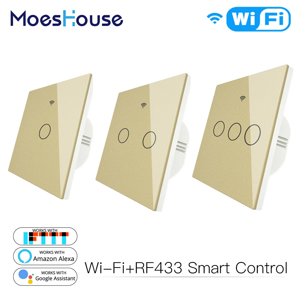  Gold WiFi Smart Light Switch RF433 Wireless Remote Control Glass Panel Light Switch Works With Alex - 4000098805795
