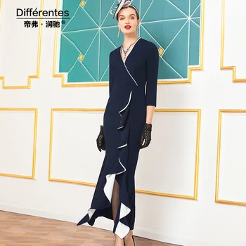 

Autumn Slit Evening Long Dress Trumpet Striped Three Quarter Sexy Dresses Party Evening Women Clothing DZ1159
