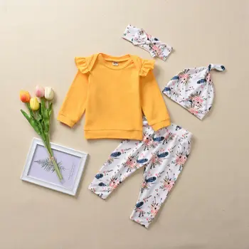 

4PCS Newborn Baby Girl Tops T Shirt Floral Pants Headband Outfits Set Clothes