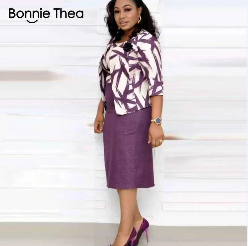 Фиолетовый Bonnie Thea осеннее платье из двух частей с принтом элегантное тонкое офисное платье женские вечерние платья-карандаш комбинированное платье - Цвет: Фиолетовый