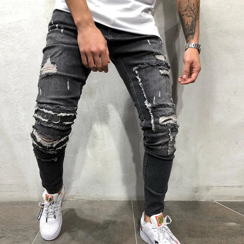 HEFLASHOR новые мужские брюки рваные обтягивающие потертые узкие байкерские джинсы стретч брюки с дырками Полная длина джинсы
