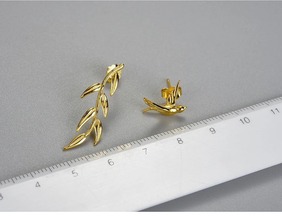Lotus Fun Luxury 18K Gold Swallow Willow Branch Asymmetrical Unusual Dangle Earrings For Women 925 Sterling Silver Jewelry 2021