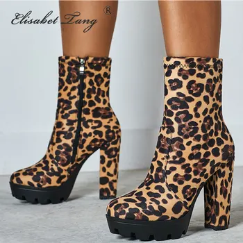 

Elisabet Tang Square Heels Round Toe Platform Shoes Woman Sexy Leopard Ladies Autumn Winter Ankle Boots Big Size 42 Female Shoes