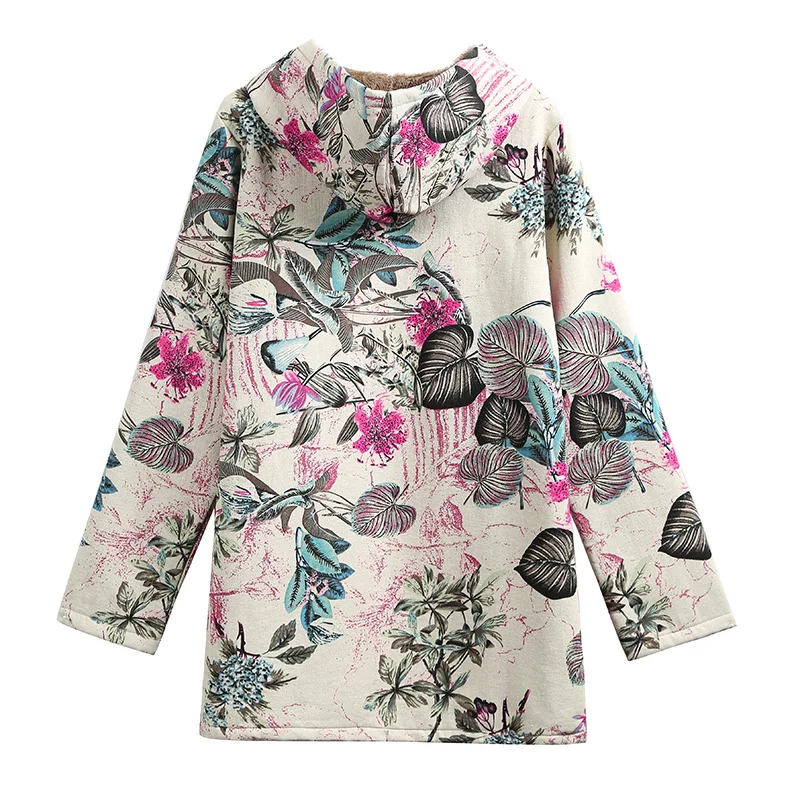 5XL размера плюс парка с капюшоном Женская куртка пальто из искусственного меха Топы цветочный принт боковые карманы теплое винтажное длинное пальто Верхняя одежда Женская туника