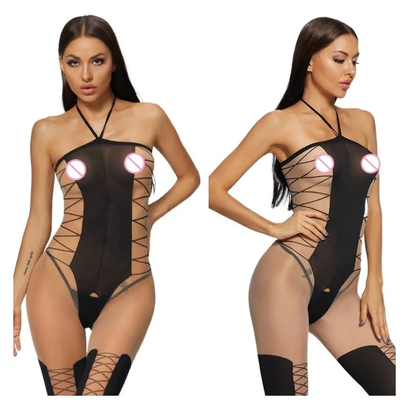 

Transparent Bodysuit Set Open Crotch Elastic Fabric Women Jumpsuit Sexy Stockings Bare Chest Hanging Neck Underwear Erotic Sexi