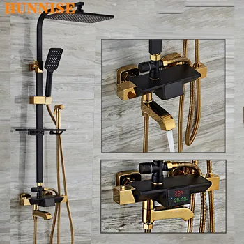 Buy Thermostatic Shower Mixer Set Copper Brass Bathroom Faucet Waterfall Shower Mixer Tap Luxury Black Gold Digital Shower Set