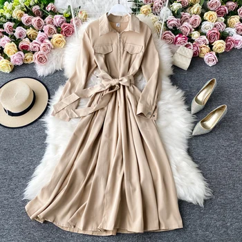 

Autumn Women Fashion Windbreaker Solid Waistband Slim Thin Long Dress Ladies Casual Long Sleeves Swing Mid-calf Dress