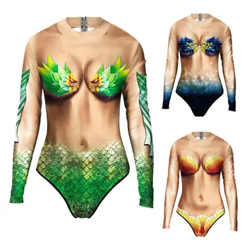 

2020 New Summer Sexy Long Sleeve Mermaid Scale Cosplay Swimwear Bodysuit 3D Prints One Piece Women Swimsuit Sport Bathing Suit