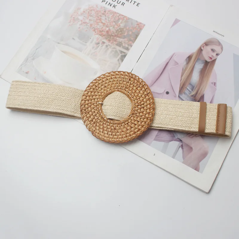 Women Bohemian Elastic Braided Belt Fashion Female Summer Dress Jeans Wide Black PP Straw Designer Wood Buckle Boho Belts Summer