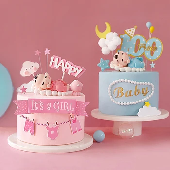 

1st 100 days Baby Girl Boy Blue Pink Hairball Cake Topper for Party Cake Decorating Dessert Cute Gifts