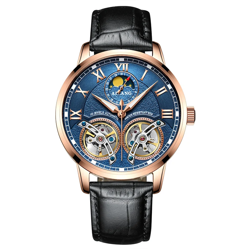 AILANG 8221A Switzerland часы для мужчин люксовый бренд автоматический двойной Tourbillon Moon phase светящиеся мужские s часы лучший бренд класса люкс - Цвет: blue gold