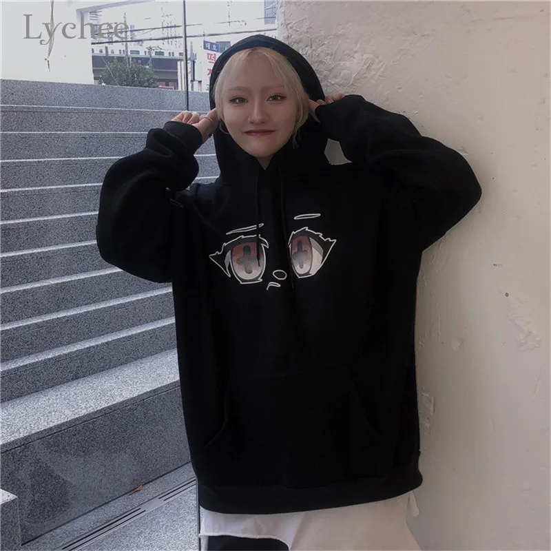 Lychee Harajuku мультфильм глаза Женские флисовые толстовки повседневные свободные женские толстовки спортивный костюм милый хлопок зимние женские пуловеры