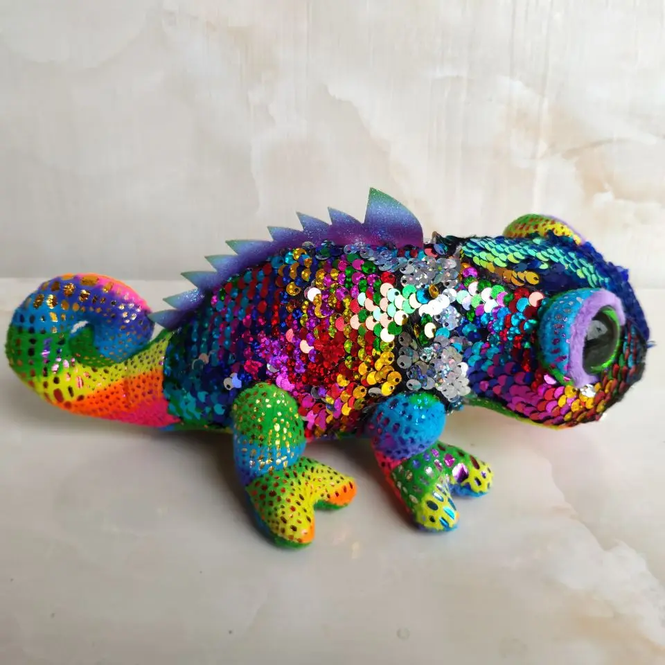 23CM Ty Big Eyes Reversible Soft Stuffed Sequins Chameleon Lizard Cute Animal Doll Plush Toy Christmas Birthday Gift Kids