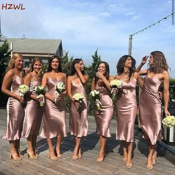 

Sexy Tea Length Bridesmaid Dresses 2021 Spaghetti Straps Sleeveless Fit Wedding Party Guest Dress Maid of Honor Gowns