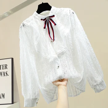 

Ruffle Bow Lace Crochet Hollow Transparent Shirt Women's Fashion Apricot Lace Blouses Loose-Fit Girls Ladies Lace Shirt Tops