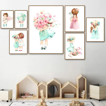 

Cute Baby Girl Rose Flower Umbrella Nordic Posters And Prints Wall Art Canvas Painting Nursery Wall Pictures For Kids Room Decor