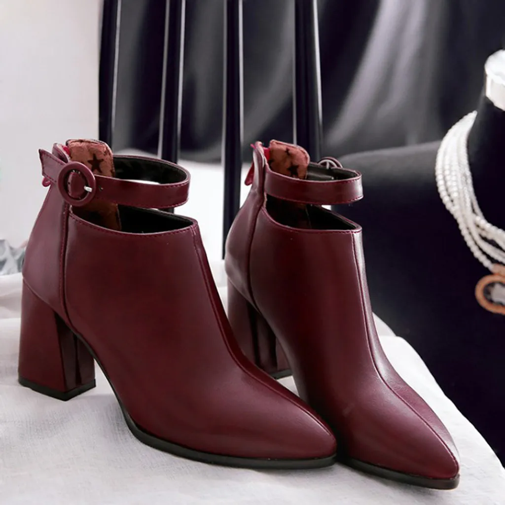 

Leather Boots Women Buckle Belat Shoes Pointed Belt Plush Buckle Boots Slip on Zipper Low Tube Square Heel Boots bota feminina