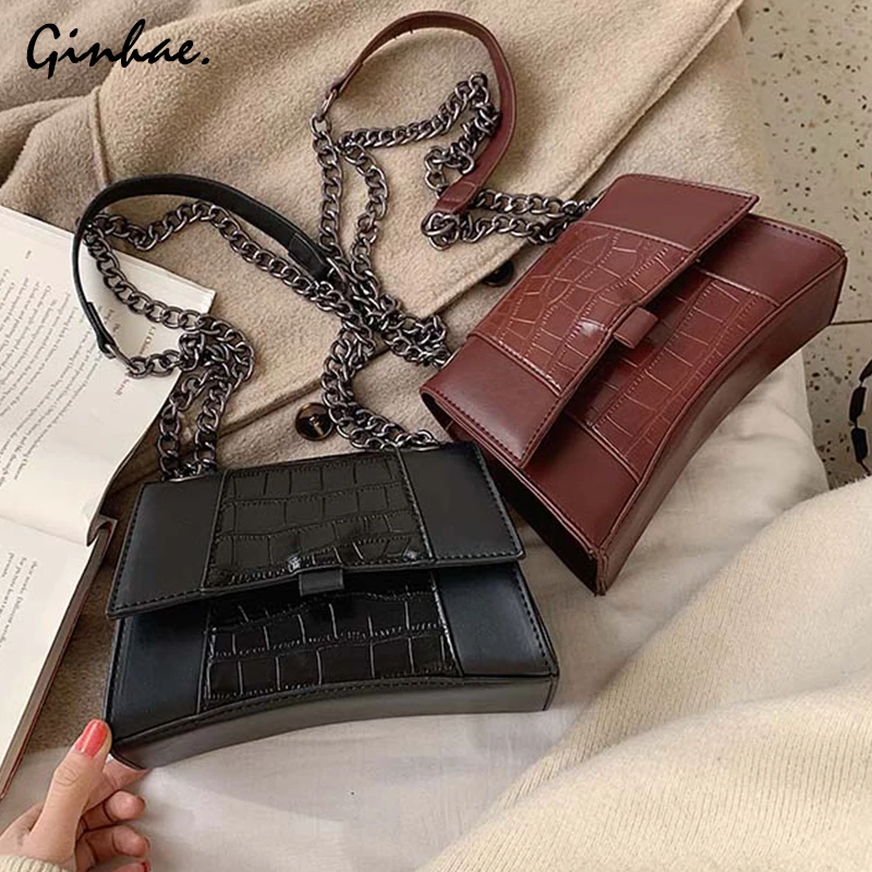 

Elegant Crocodile Pattern Crossbody Bags For Women Chain Leather Shoulder Messenger Bag Female Designer Baguette Shape Handbags