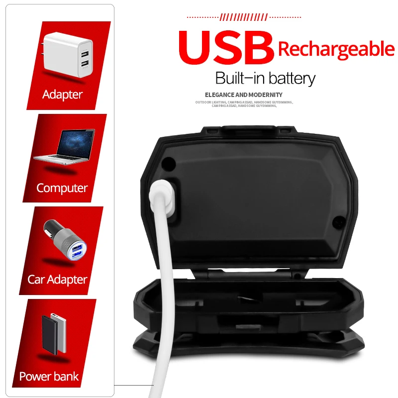 6000 lumens Motion Sensor USB Rechargeable LED Powerfull Headlamp Hands-free Headlight with built-in battery  Camp Torch Light